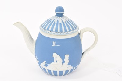 Lot 194 - Wedgwood blue jasper dip solitaire teapot and cover, applied with ‘Lady Templeton’s Domestic Employment’ and ‘Poor Maria’, circa 1785