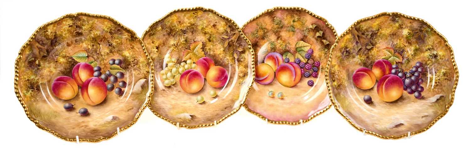 Lot 245 - Four Royal Worcester plates, painted with studies of fruit, three signed by N. Creed and one by D. Shinnie, 27cm diameter