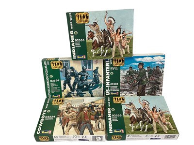 Lot 54 - Airfix OO Scale Waterloo soldiers (x4), Revell 1:72 Scale Cowboys & Indians (x3), German & US Infantry  & Imex Wagons (x2), all boxed (11total)