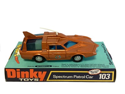 Lot 178 - Dinky (1970's)  Gerry Anderson's Captain Scarlet & the Mysterons Spectrum Patrol Car, on plinth with bbuble pack cover (Discoloured) No.103 (1)