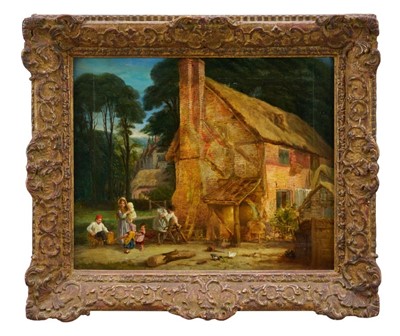 Lot 910 - English School, mid 19th century, oil on panel - Industrious Figures beside a Cottage, indistinctly signed and dated 1854, 33cm x 40cm, in gilt frame