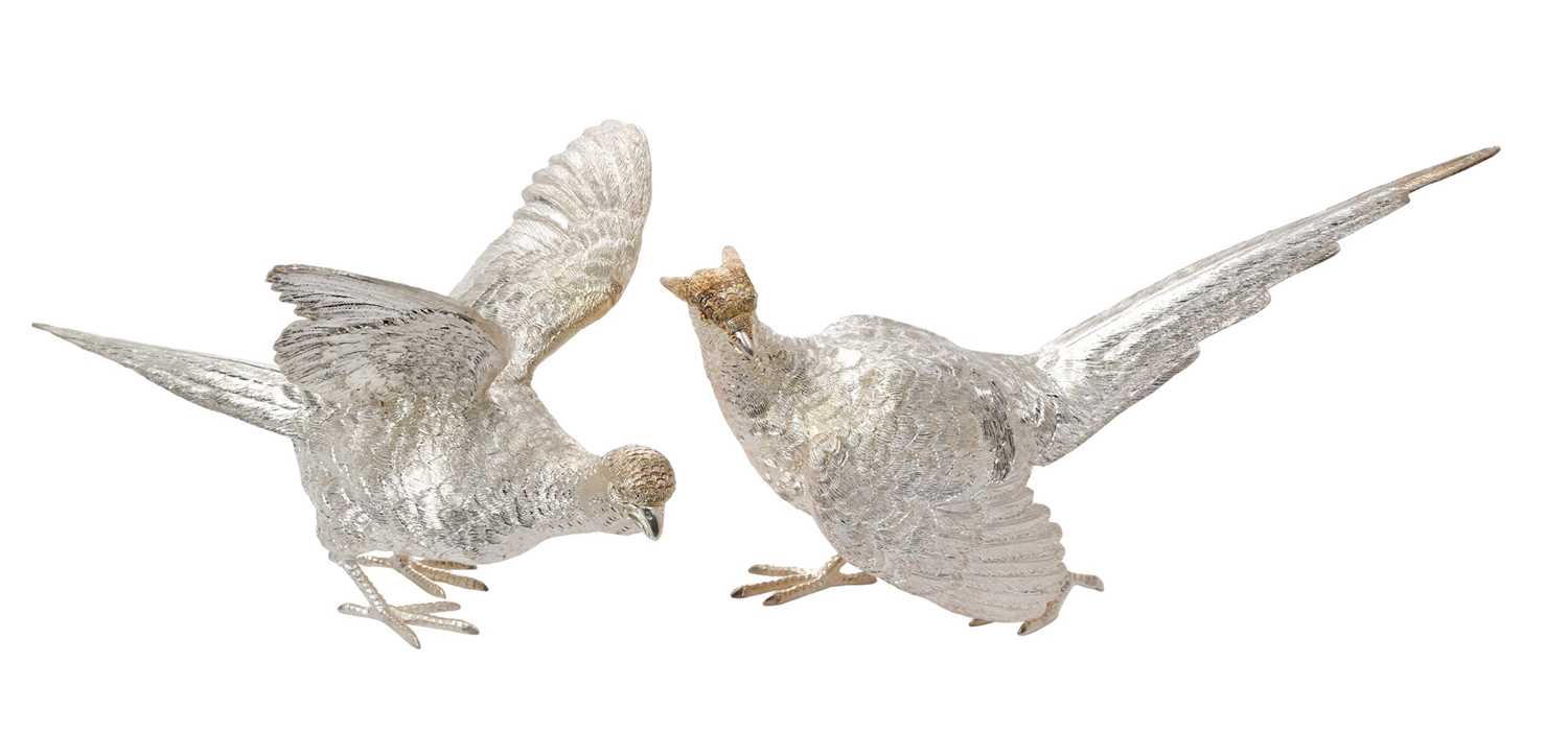 Lot 404 - Pair of silver pheasant table ornaments