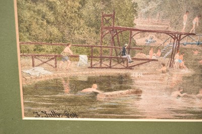 Lot 955 - Frederick Tully Lott (1828-1899) watercolour - Swimming at The Ducker, Harrow on the Hill, signed, 31.5cm x 52cm, in glazed gilt frame