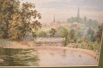 Lot 955 - Frederick Tully Lott (1828-1899) watercolour - Swimming at The Ducker, Harrow on the Hill, signed, 31.5cm x 52cm, in glazed gilt frame