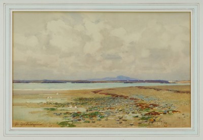 Lot 956 - George Cockram, watercolour - 'Cymmerau Bay, The Dunes Rosnagi', signed, titled to label verso, 33cm x 51cm, in glazed gilt frame