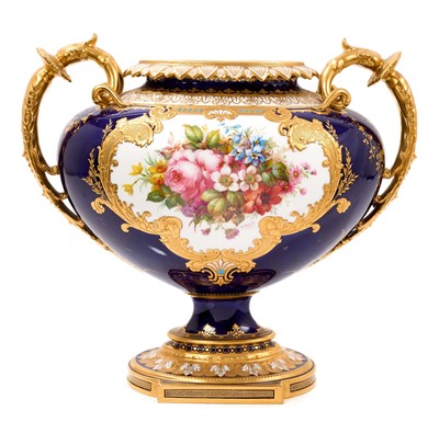 Lot 210 - Royal Crown Derby large two handled vase painted by Albert Gregory, marks for 1915