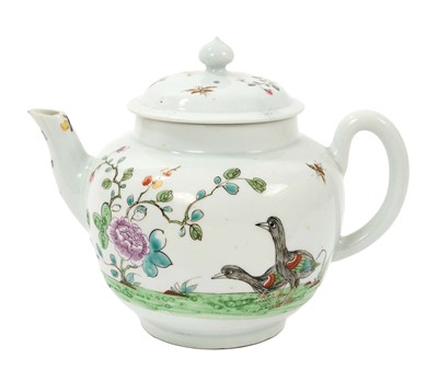 Lot 221 - Rare Worcester globular teapot and cover, painted in Chinese famille rose palette with two geese in a landscape, circa 1754-55