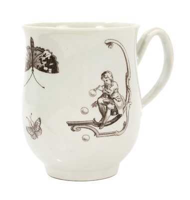 Lot 214 - Rare Worcester mug, printed by Robert Hancock with Bubbles and The Doll, after Gravelot, 3 ½” high, circa 1758