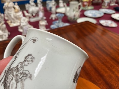 Lot 214 - Rare Worcester mug, printed by Robert Hancock with Bubbles and The Doll, after Gravelot, 3 ½” high, circa 1758
