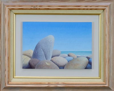 Lot 973 - *Rob P. Milliken (b.1948), egg tempera on board "Contemplation" (stones on the shore), signed, 20cm x 30cm, in glazed frame