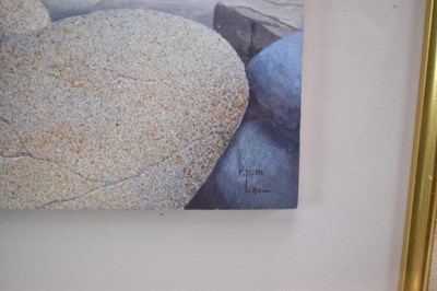 Lot 973 - *Rob P. Milliken (b.1948), egg tempera on board "Contemplation" (stones on the shore), signed, 20cm x 30cm, in glazed frame