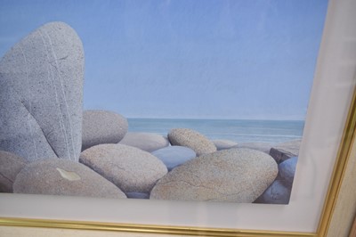 Lot 973 - *Rob P. Milliken (b.1948), egg tempera on board "Contemplation" (stones on the shore), signed, 20cm x 30cm, in glazed frame