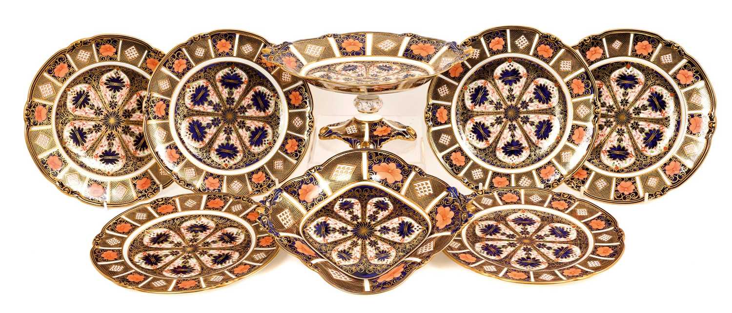 Lot 243 - Royal Crown Derby Imari 'fruit' pattern dessert service, to including a lozenge-shaped dish, comport, and six plates (8)