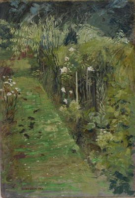 Lot 1109 - Richard Drew, known as Zacron (British, 1943-2012) oil on board - Garden at Newton Abbey, an early work made whilst Zacron studied at Kingston College of Art, 69 x 47cm