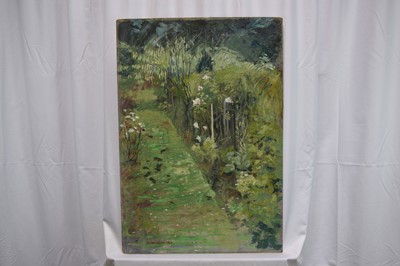 Lot 1109 - Richard Drew, known as Zacron (British, 1943-2012) oil on board - Garden at Newton Abbey, an early work made whilst Zacron studied at Kingston College of Art, 69 x 47cm