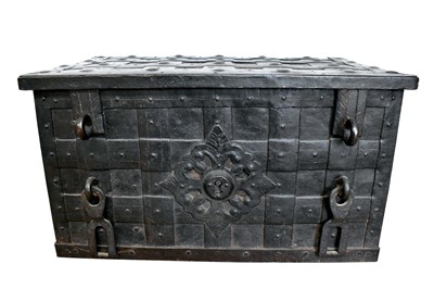 Lot 1441 - 17th century German iron Armada chest with intricate locking system, key marked S. Morden