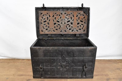 Lot 1441 - 17th century German iron Armada chest with intricate locking system, key marked S. Morden