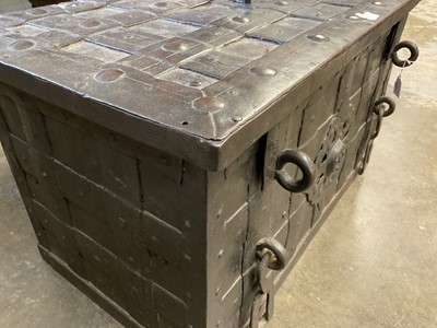 Lot 1441 - 17th century German iron Armada chest with intricate locking system, key marked S. Morden