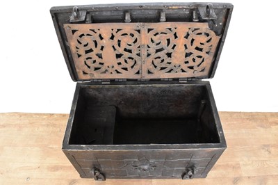 Lot 1441 - 17th century German iron Armada chest with intricate locking system, key marked S. Morden