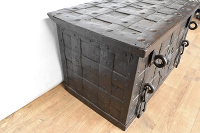 Lot 1441 - 17th century German iron Armada chest with intricate locking system, key marked S. Morden