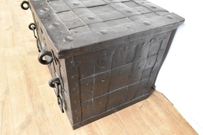 Lot 1441 - 17th century German iron Armada chest with intricate locking system, key marked S. Morden