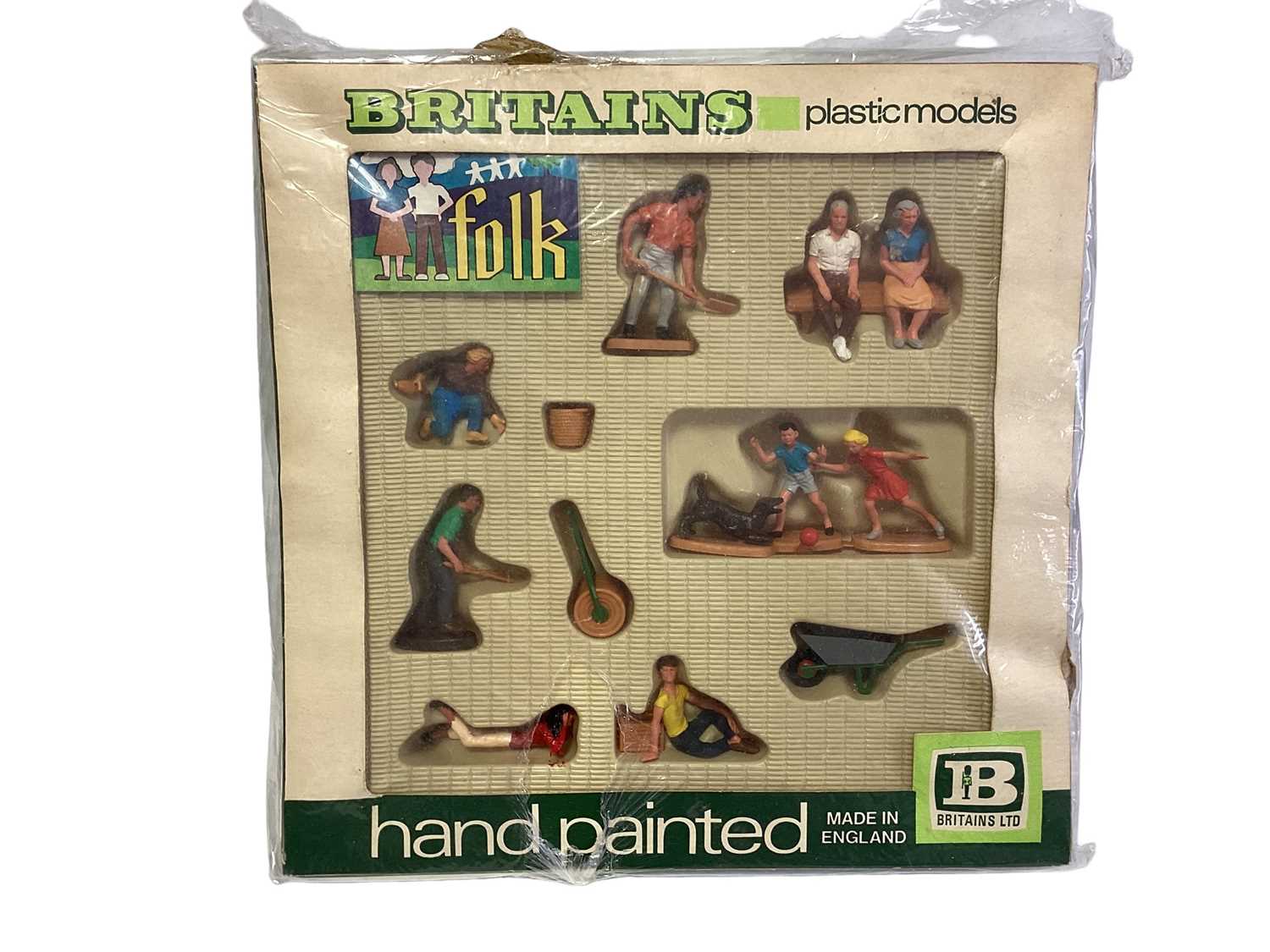 Lot 219 - Britains Hand Paint plastic figures Folk, in window box No.7530, plus Farmyard Cows (x2) and Make-Up Card Models No.4751 (x2), (5 total)