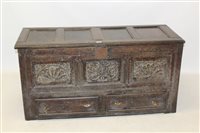 Lot 1495 - 18th century oak mule chest with hinged lid...
