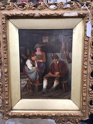 Lot 536 - Overpainted print on panel, figures in an interior in gilt frame