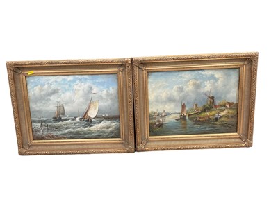 Lot 725 - 20th century oil on panel of a marine scene together with another Dutch style scene, both in gilt frames (2).