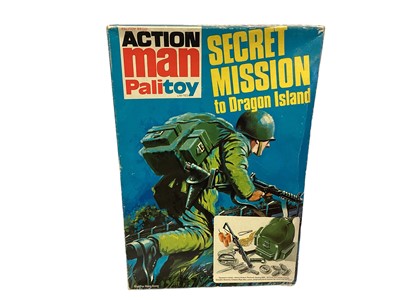 Lot 223 - Palitoy early Secret Mission to Dragon Island Equipment Pack including Helmet & Uniform, Rucksack, Sterling SMG, .45 Pistol with holster & belt, Grenades, Dynamite, Compass, Rope, Wire Cutters, Jun...