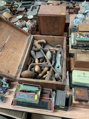 Lot 452 - Art Deco cigarette dispenser with handwritten LNER inscription together with Victorian magic lantern slides and a box of wood working tools