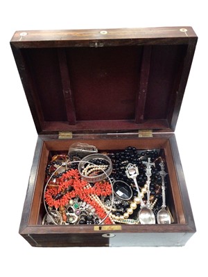 Lot 1007 - Victorian rosewood box containing costume jewellery, silver and bijouterie