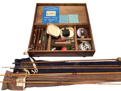 Lot 344 - Wooden case containing fishing reels, tackle etc and two vintage rods