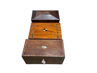 Lot 198 - George III tea caddy, Regency rosewood tea caddy and a Victorian writing box (3)