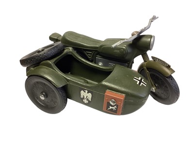 Lot 227 - Cherilea 12 German Motorcycle and Sidecar (Green & Khaki Versions), plus Kayak and other make trailer, all loose (4)