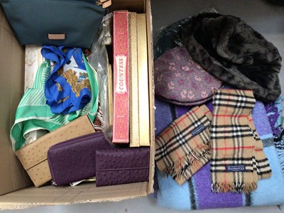 Lot 320 - Two vintage Burberrys' scarves, other vintage accessories, dressing table sets, shoes, pair of old ice skates, Bennetts of London bowler hat and others, vintage bags and two sewing boxes