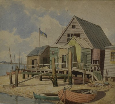 Lot 125 - East Anglian School, early 20th century, watercolour - Aldeburgh Fishing Huts, 44cm x 49cm, in glazed frame