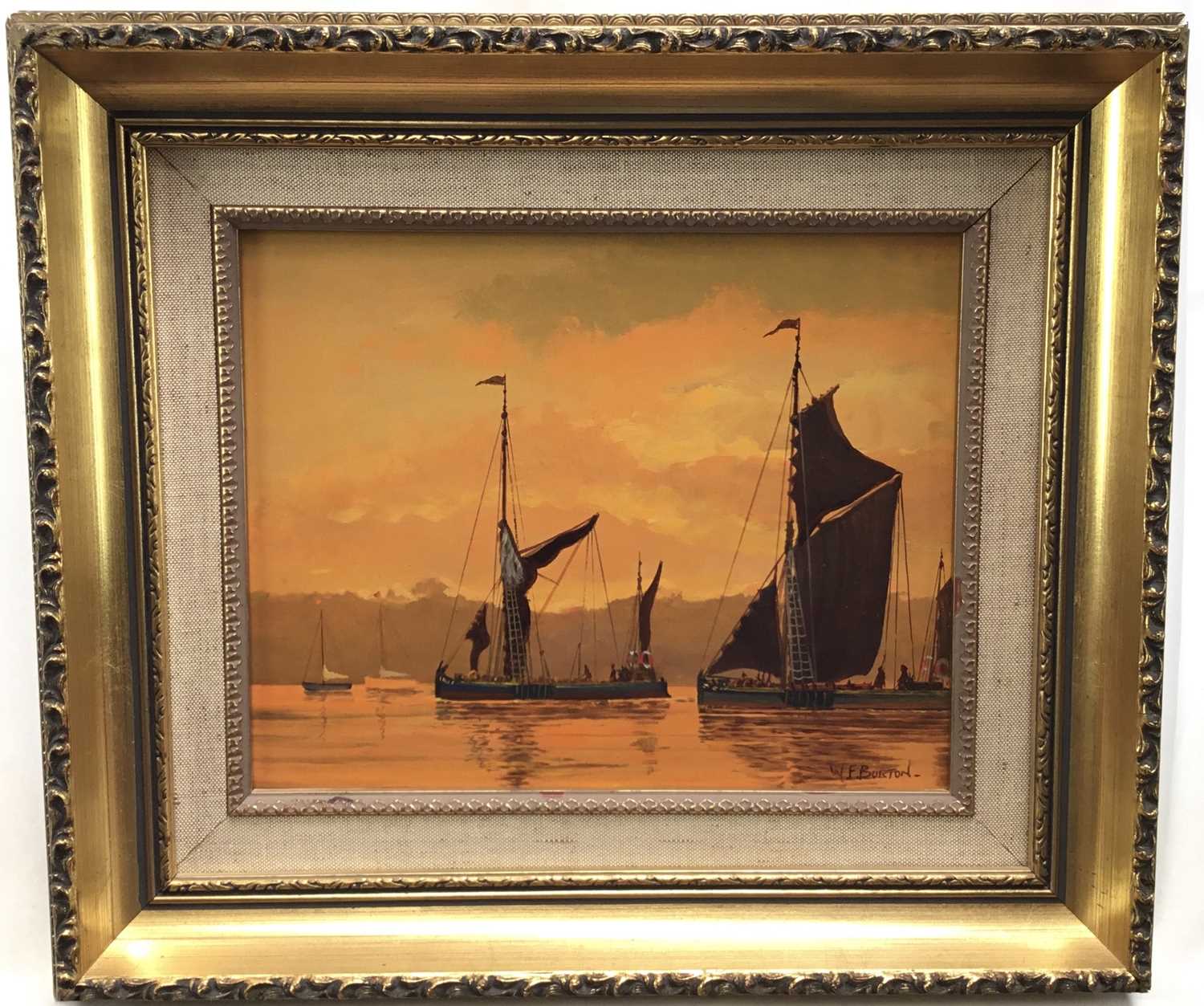 Lot 136 - W. W. F. Burton pair oils on boards 'Thames barges' and 'Home at Sundown', in gilt frames, 19cm x 25cm.