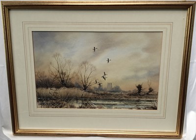 Lot 137 - S.Trinder, watercolour, river view with church in back ground in glazed gilt frame