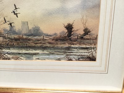Lot 137 - S.Trinder, watercolour, river view with church in back ground in glazed gilt frame