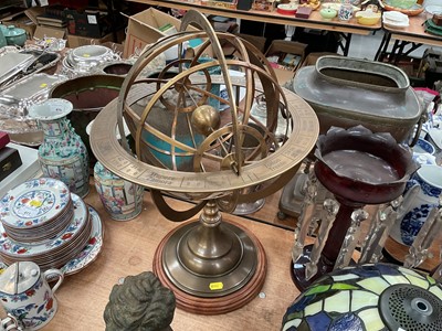 Lot 412 - Brass table top globe armillary sphere on wooden base