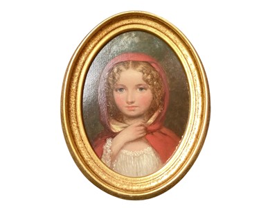 Lot 396 - Mid 19th century English School oval oil on board of a young girl in a red hooded cloak