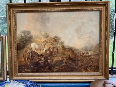 Lot 105 - Manner of Edward Smythe, 19th century, oil on canvas - Rural Landscape with figure at rest with horses, in gilt frame