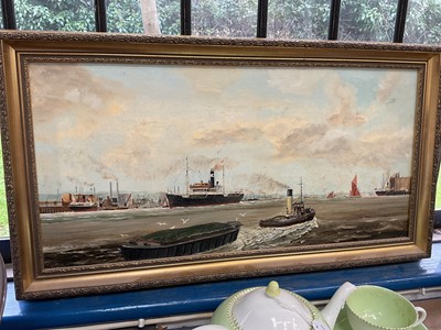 Lot 104 - John Pete, oil on canvas - 'Outward Bound 1932, S.S. Corchester Collier passing Northfleet cement works after unloading at Shadwell Power Station, inscribed, signed and dated 1986 verso, in gilt fr...