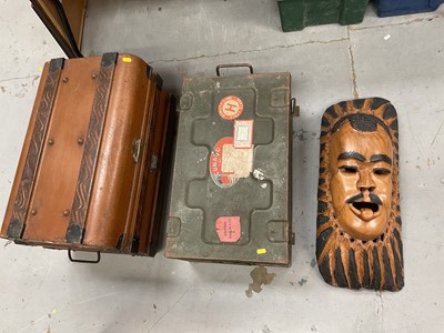 Lot 425 - Japanned tin trunk, ammounition box and a carved Nigerian mask (3)