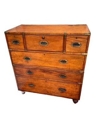 Lot 1409 - Victorian mahogany and brass bound secretaire campaign chest, in two parts