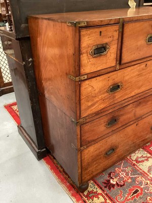 Lot 1409 - Victorian mahogany and brass bound secretaire campaign chest, in two parts