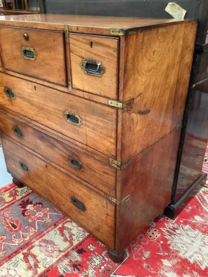 Lot 1409 - Victorian mahogany and brass bound secretaire campaign chest, in two parts