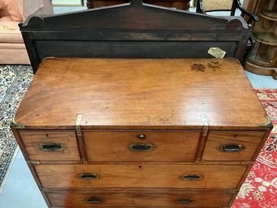 Lot 1409 - Victorian mahogany and brass bound secretaire campaign chest, in two parts