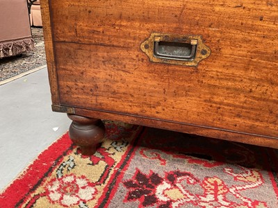 Lot 1409 - Victorian mahogany and brass bound secretaire campaign chest, in two parts